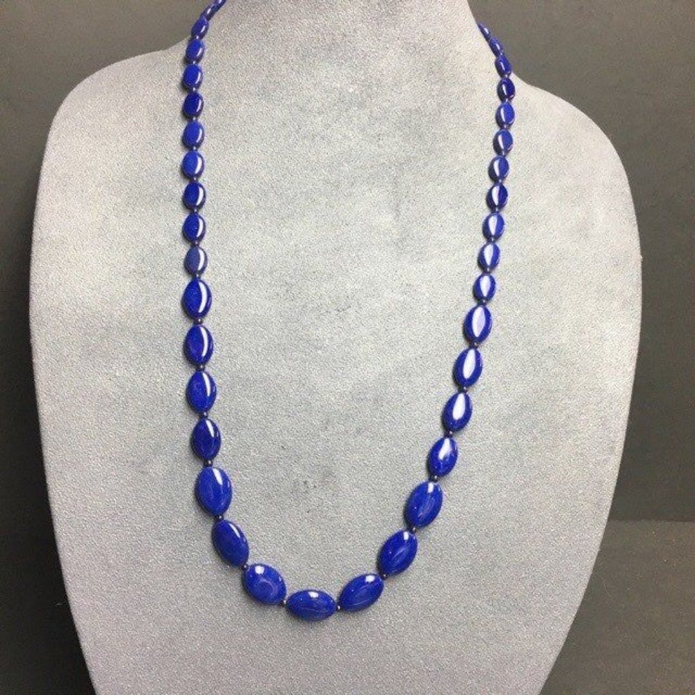 Long Graduated Oval Necklace Navy Blue Silver Hook Smooth Retro Classic